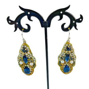 Ruche Brand Statement Earrings Goldone Setting Multi-Color Stones 2" Drop Hook
